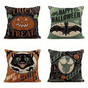 Linen Blend Throw Pillow Covers 18x18 Inch Vintage Halloween Scaredy Cats